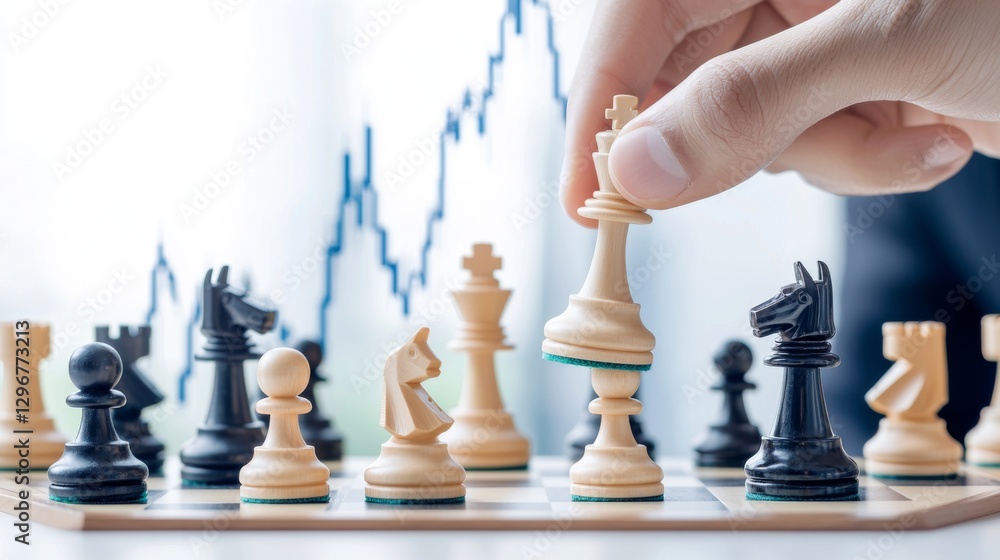 Poster a hand moves a chess piece amidst a backdrop of financial graphs, symbolizing strategy and decision-