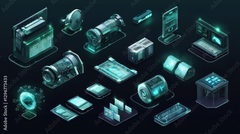 Poster A futuristic set of isometric icons with shadows and depth, emphasizing technology and finance themes