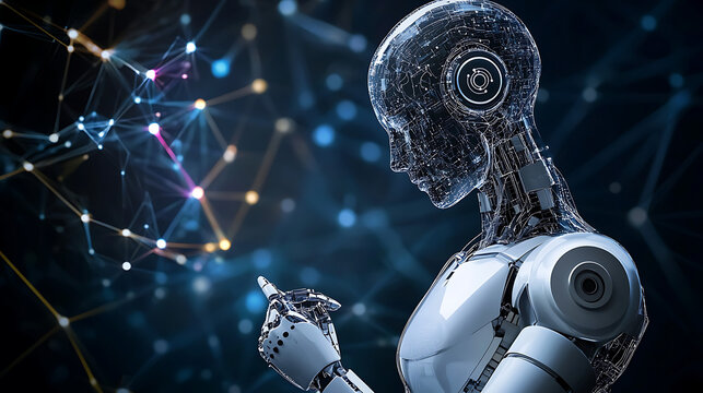 A robot is shown with its hand pointing to the sky