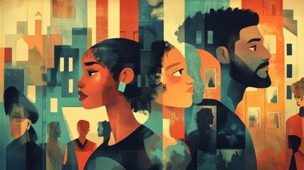 Diverse group of individuals in a vibrant urban setting, showcasing community and connection