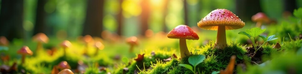 A field of wild mushrooms growing in the sunlit forest, wilderness, forest