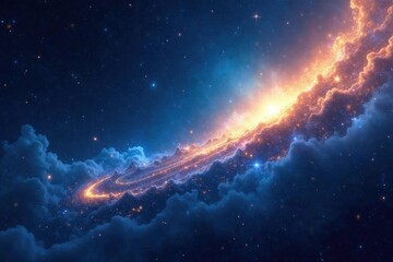 A flowing ribbon of shimmering blue and gold trails through a cosmic landscape, cosmic, stars, landscape