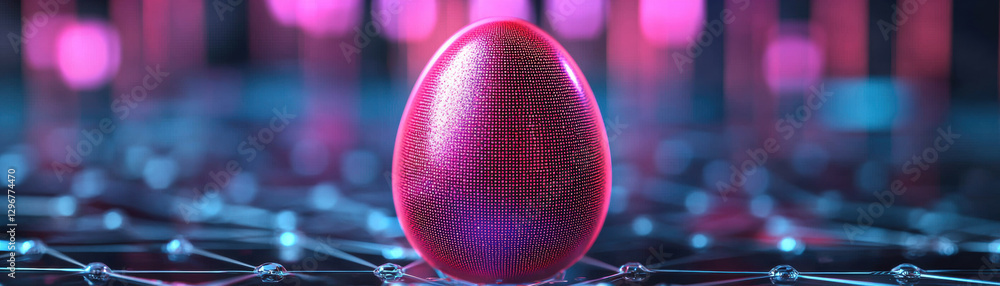 Poster a vibrant, glowing egg-shaped object sits on a network of interconnected lines, illuminated by color