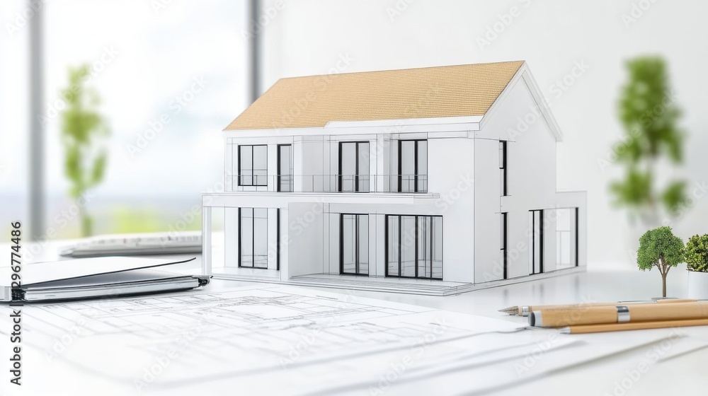 Poster 3d model of modern house on table with architectural blueprints and drawing tools in bright workspac