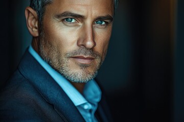 Fototapeta premium A captivating close-up portrait of a handsome mature man with piercing blue eyes and a strong jawline.
