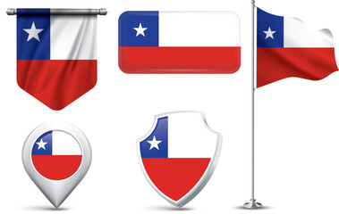 A set of 5 different designs of the Chilean flag in various shapes.