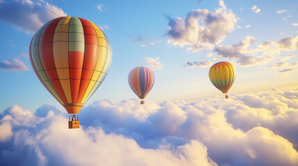 Naklejka premium Three hot air balloons are flying in the sky, with one of them being yellow