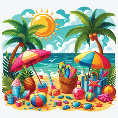 Colorful Summer Beach Vector Illustration Design. stock illustration