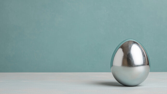 A shiny metallic egg sits on a light surface against a soft blue backdrop, creating a minimalist and modern aesthetic.