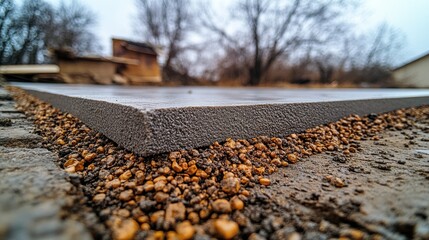 Close-up of concrete slab on gravel base during construction.