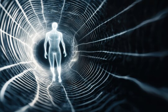 A luminous alien spirit floating in the depths of space, its glowing form shifting between surreal ethereal patterns