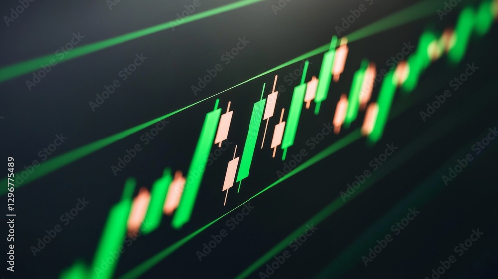 Poster a close-up view of a financial chart with green candlestick patterns indicating upward trends in tra