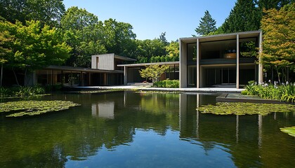 Obraz premium Modern house pond tranquil garden