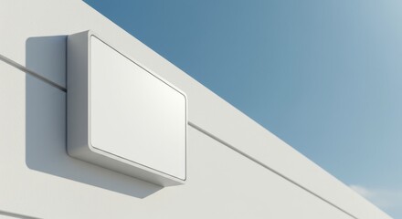 Blank White Signboard on a Modern Building Exterior Under a Clear Blue Sky