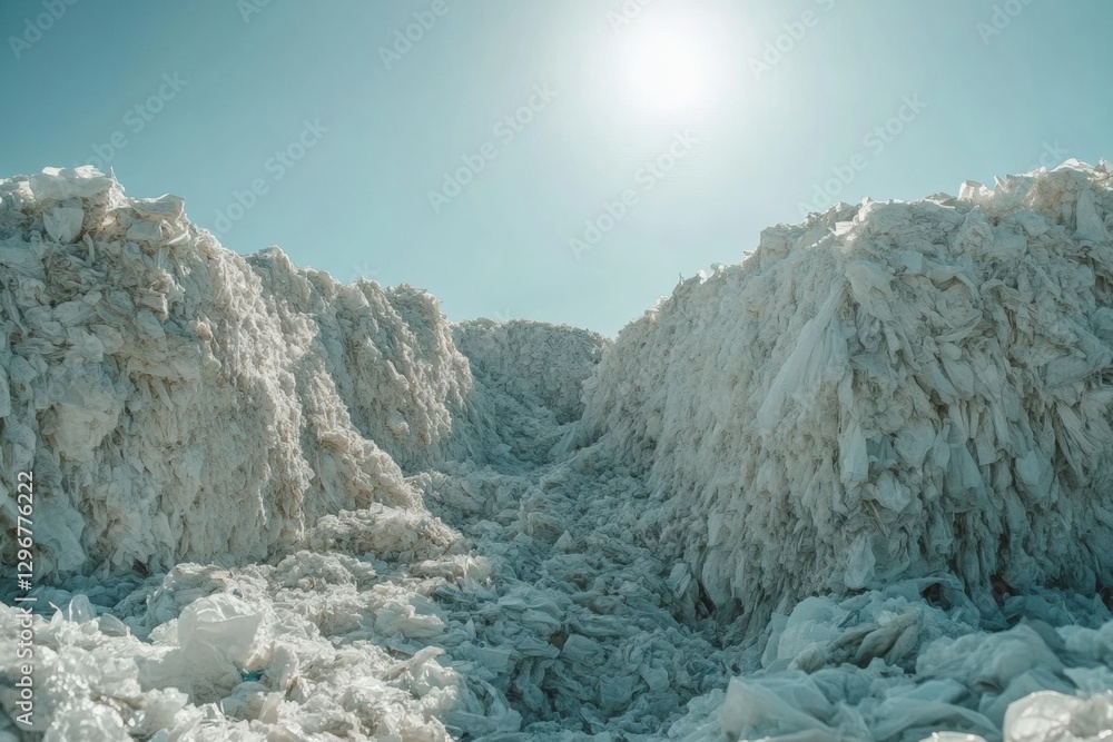 Poster plastic waste mountain rises in landfill under clear sky creating urgent environmental concern. gene