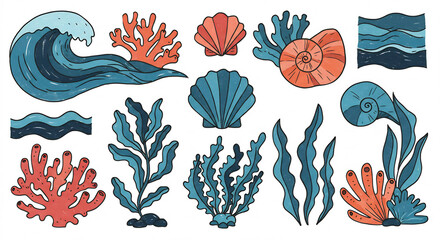 Ocean Wave Coral Shell Seaweed Pixel Art Illustration