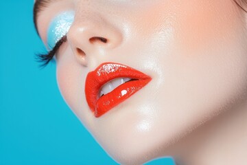 Obraz premium A retro-modern fusion beauty aesthetic, pastel eyeshadow, glossy lips, and an iconic vintage glow