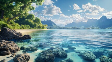 A hyper realistic tropical coastal landscape with turquoise waters and lush green vegetation