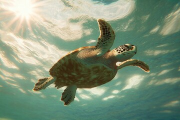 Obraz premium Majestic turtle gliding through crystal-clear waters, sunlight i