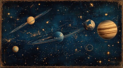 Fototapeta premium Celestial Chart Planets, Stars, Cosmos, Antique Frame, Astrology Print