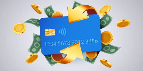 Cashback icon with credit card isolated on blue background. Cashback or money back label.