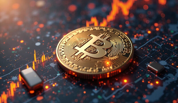 Bitcoin on the Rise: Shiny Logo with Market Charts for Investors and Creators