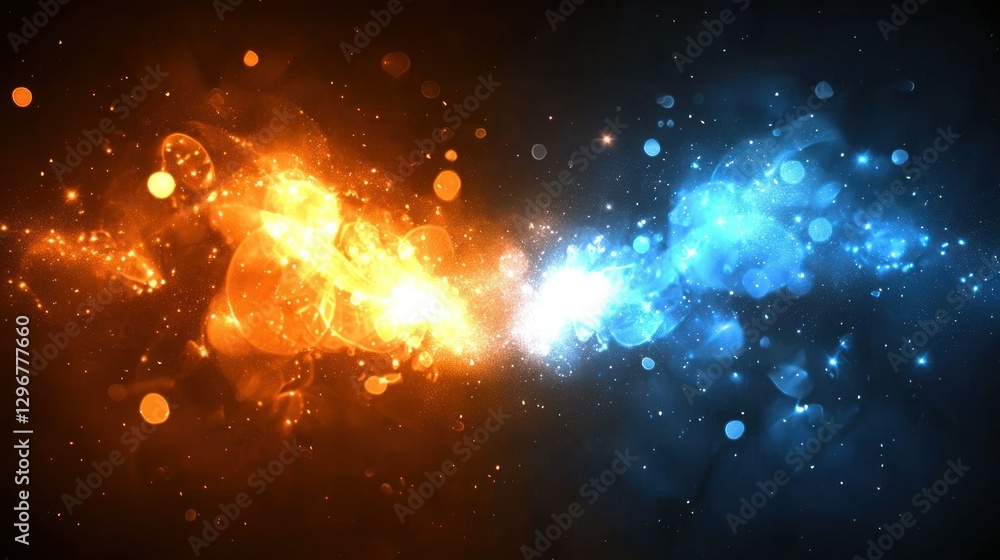 Poster a glowing orange and blue background with dynamic light effects and transitions