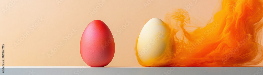 Poster two colorful eggs stand on a surface, with a burst of orange smoke creating a dynamic and vibrant ba