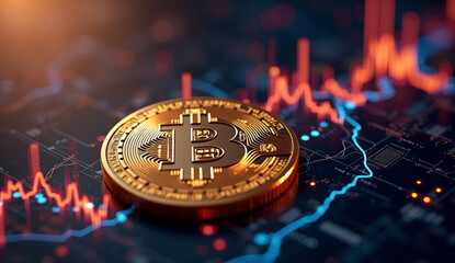 Bitcoin on the Rise: Shiny Logo with Market Charts for Investors and Creators