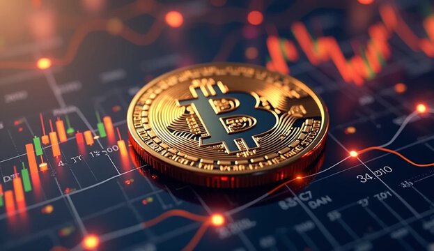 Bitcoin on the Rise: Shiny Logo with Market Charts for Investors and Creators