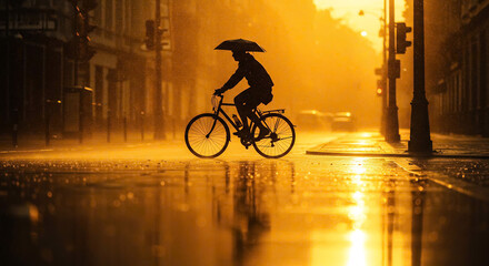 Silhouette of Cyclist Riding Bicycle in Golden Hour Rain City Street