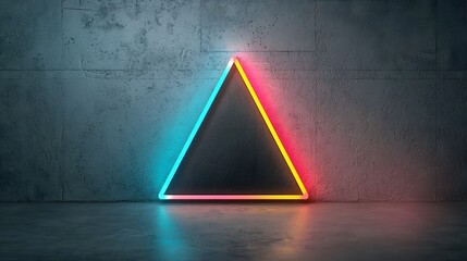 Striking abstract composition featuring symmetrically positioned neon geometric shapes against a deep black backdrop creating a captivating futuristic synthwave ambiance