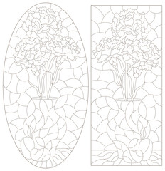 A set of contour illustrations in the style of stained glass with bouquets of carnations, dark outlines on a white background