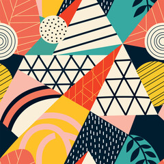 Colorful geometric patterns create a vibrant visual composition with contrasting shapes and colors