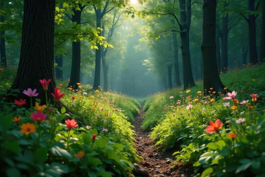 Forest undergrowth with dense thickets of shrubs and wildflowers, wildflowers,