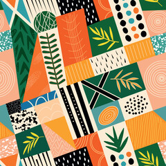 Colorful geometric patterns featuring vibrant shapes and botanical elements in a modern design