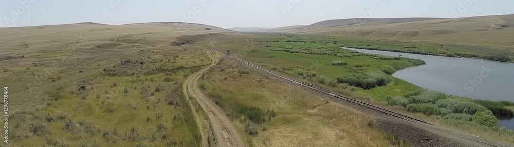 Poster a serene landscape featuring a winding path beside a lush river, surrounded by open fields and gentl