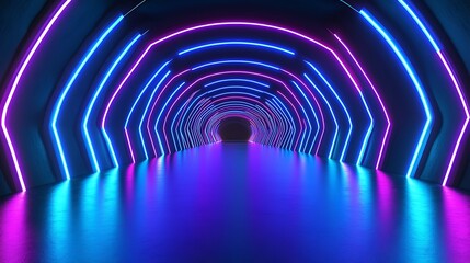 Neon Tunnel: A futuristic, eye-catching tunnel glows with neon lights, beckoning viewers into a vibrant, energetic space that suggests technology and the future.