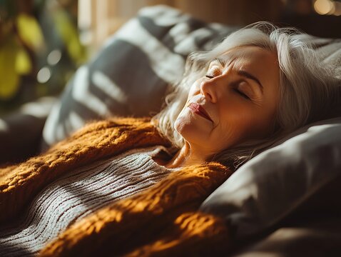 Senior woman naps, sunlight, sofa, home