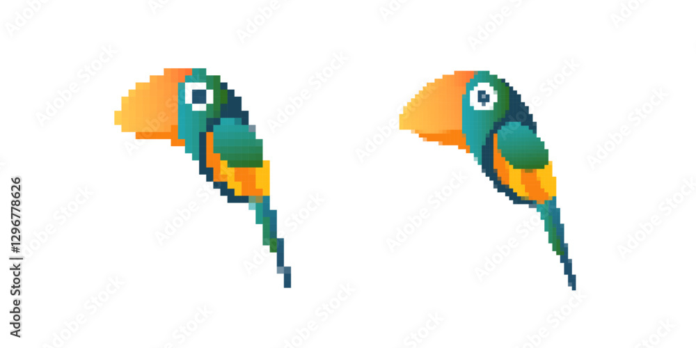 Poster two pixel art parrots with colorful feathers show a simple and vibrant digital design style.