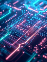 Fototapeta premium Cybernetic Symphony: intricate neon circuits. A vibrant abstract artwork of an intricate, high-tech motherboard, aglow with lines of neon circuits in shades of blue and pink