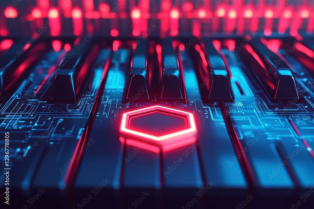 Poster futuristic piano keys with glowing hexagon on circuit board background in blue and red color scheme