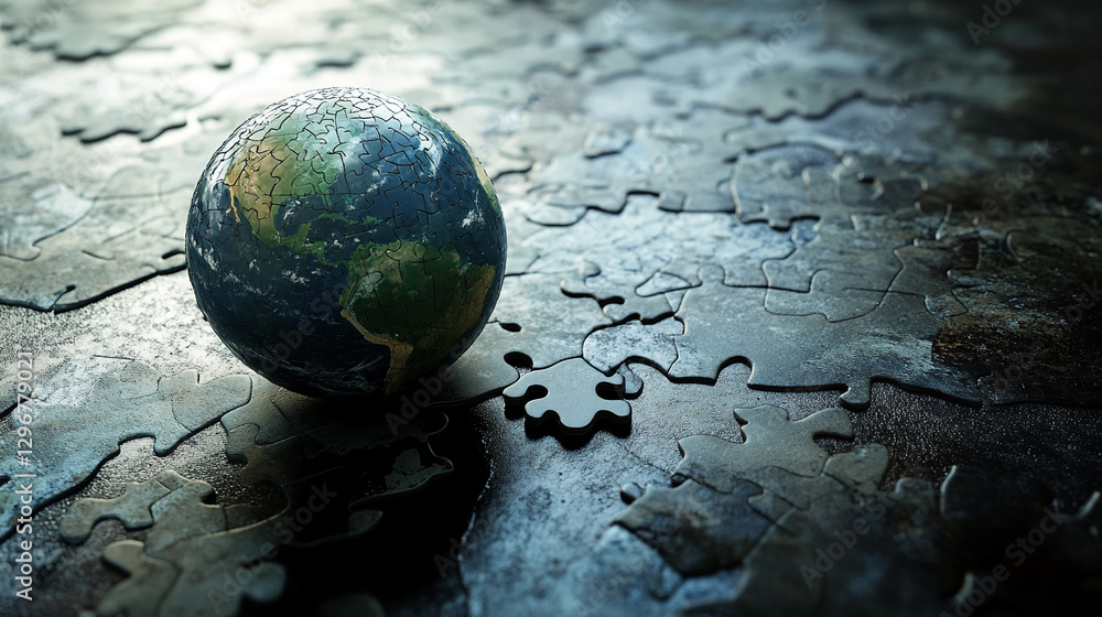 Poster A globe made of puzzle pieces, symbolizing global unity and challenges, surrounded by scattered incomplete puzzle pieces, showcasing the idea of solving world problems.