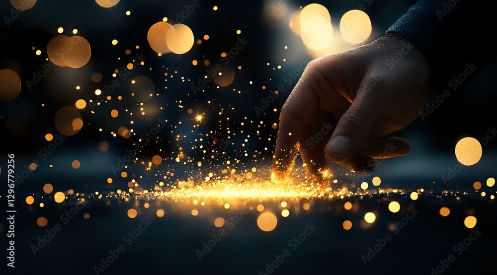 Aufkleber magical glowing sparkles and golden light particles scatter from finger touch against dark backgroun