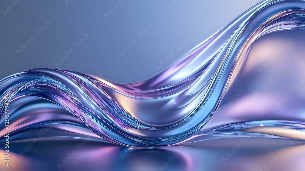 Poster flowing liquid metal waves in blue and purple colors create dynamic abstract background with smooth 