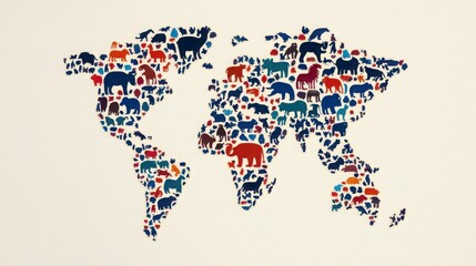 Colorful Animal Silhouettes Fill World Map Design for Education Material