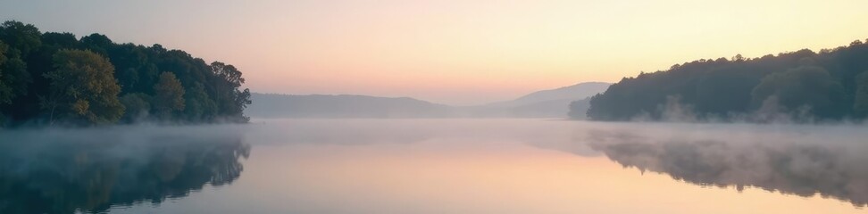 Fototapeta premium Gentle morning mist rises from a serene lake scene, mist, morning, lake