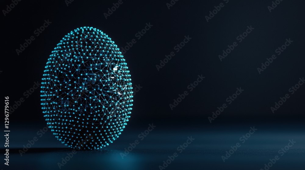 Poster a luminous, digitally rendered egg made of glowing particles stands on a dark surface, creating an i