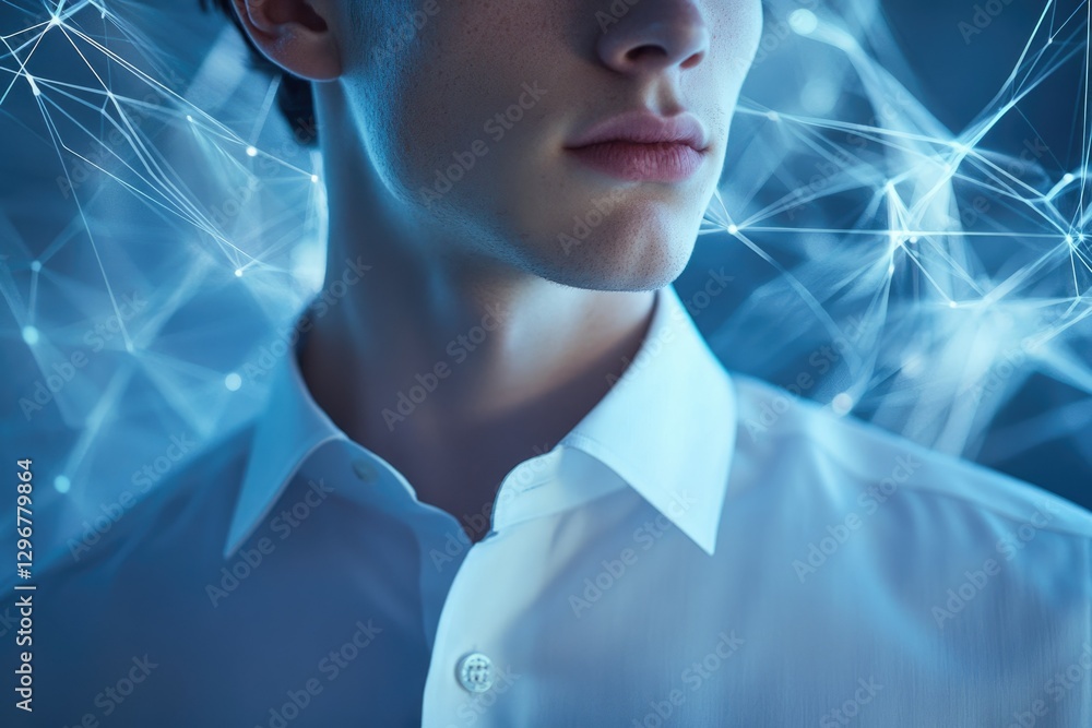 Poster A man in a white shirt, illuminated by a network of glowing lines, representing connection and technology.