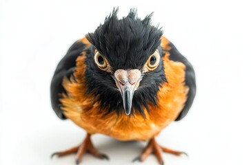 Fototapeta premium Detailed Close-Up of a Striking Orange and Black Bird Perched Against a White Background Showcasing Unique Features and Expressive Eyes